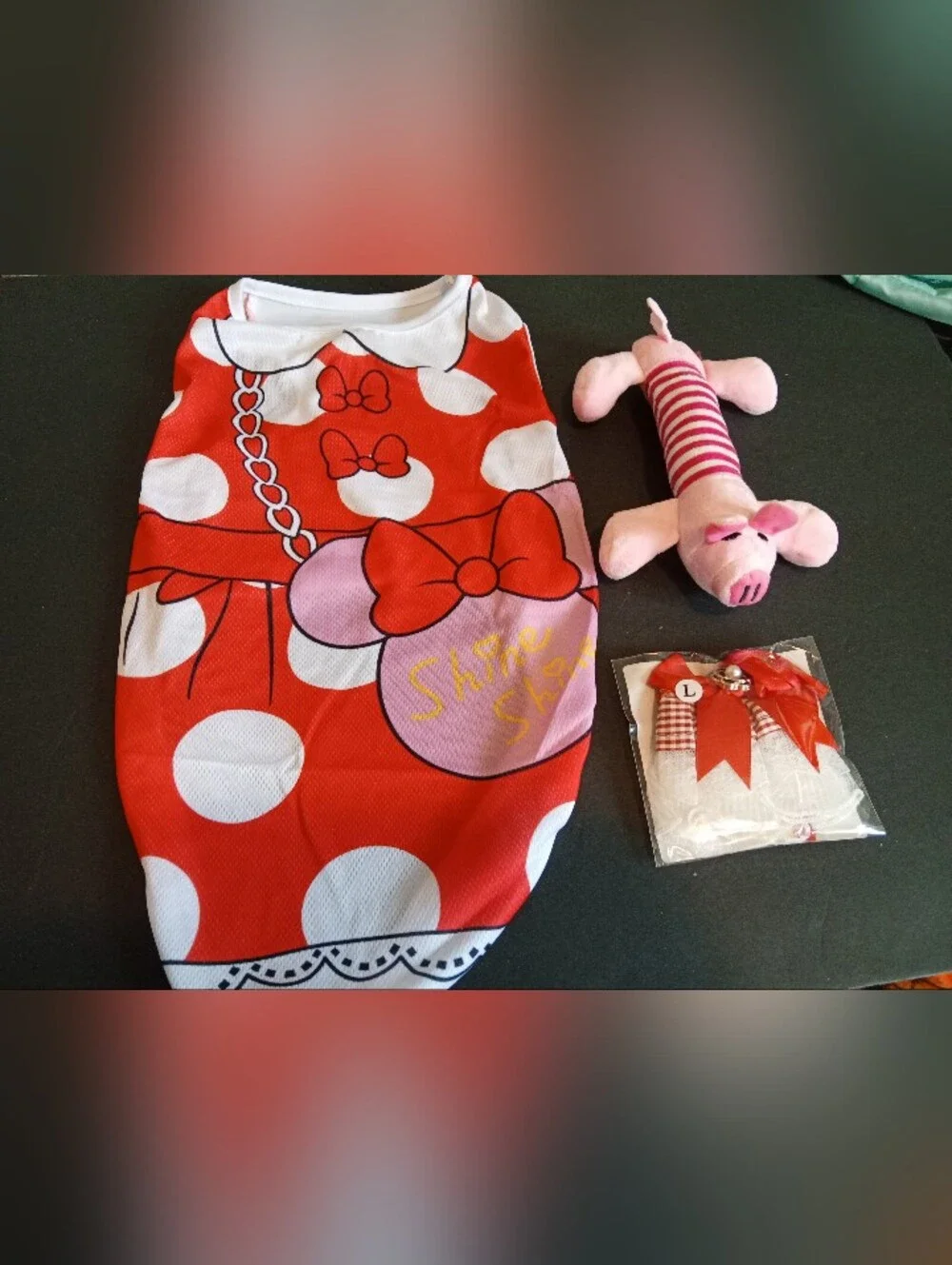 Red Polka Dot Bow Pet Dress with Pink Plush Toy And Red Lace Scarf/Collar